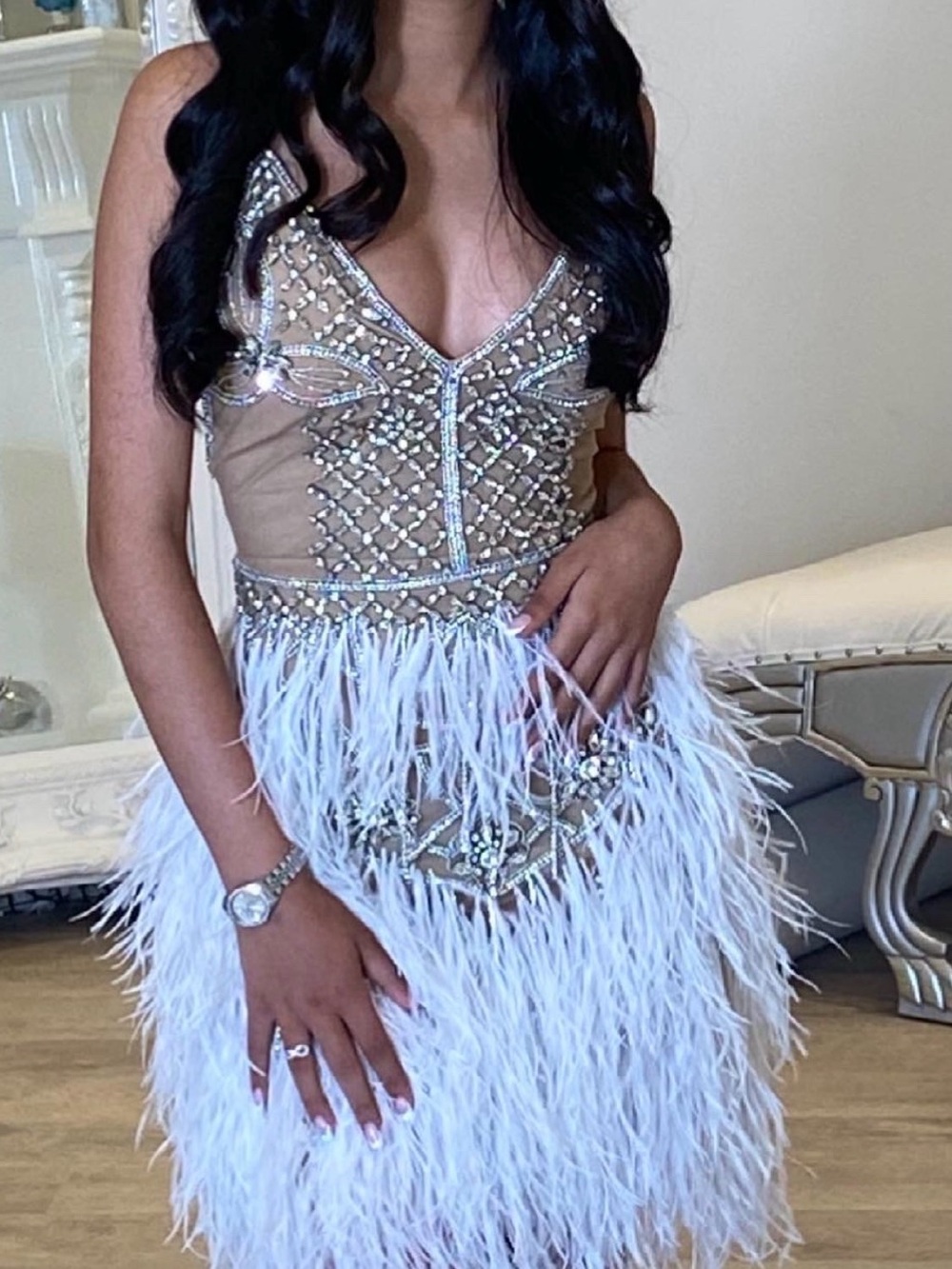 Portia and Scarlett Nude and White Beaded Feather Mini Dress